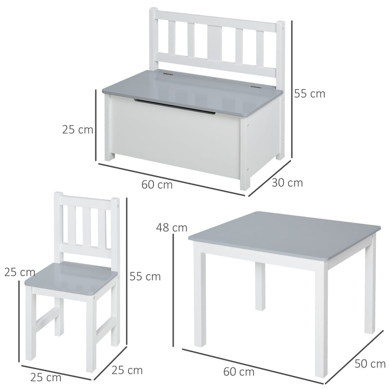 4-Piece Kids Table Set with 2 Wooden Chairs, 1 Storage Bench, and Interesting Modern Design, Grey/White w/ Function 3 Years+