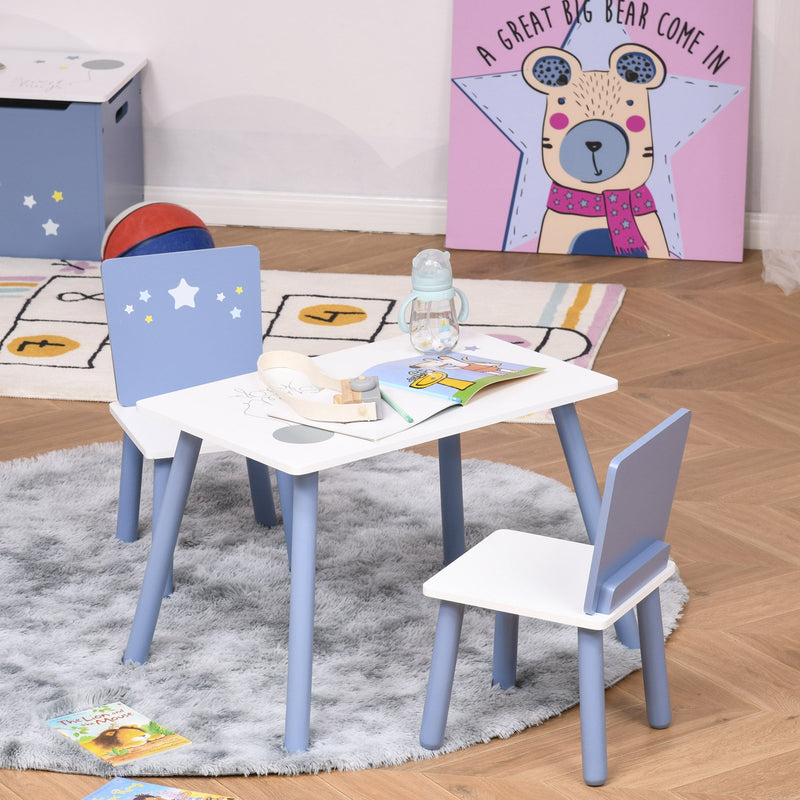 Kids Table and Chairs Set 3 Pieces 1 Table 2 Chairs Toddler Wooden Multi-usage Easy Assembly Star Image Ornament Blue and White Pcs