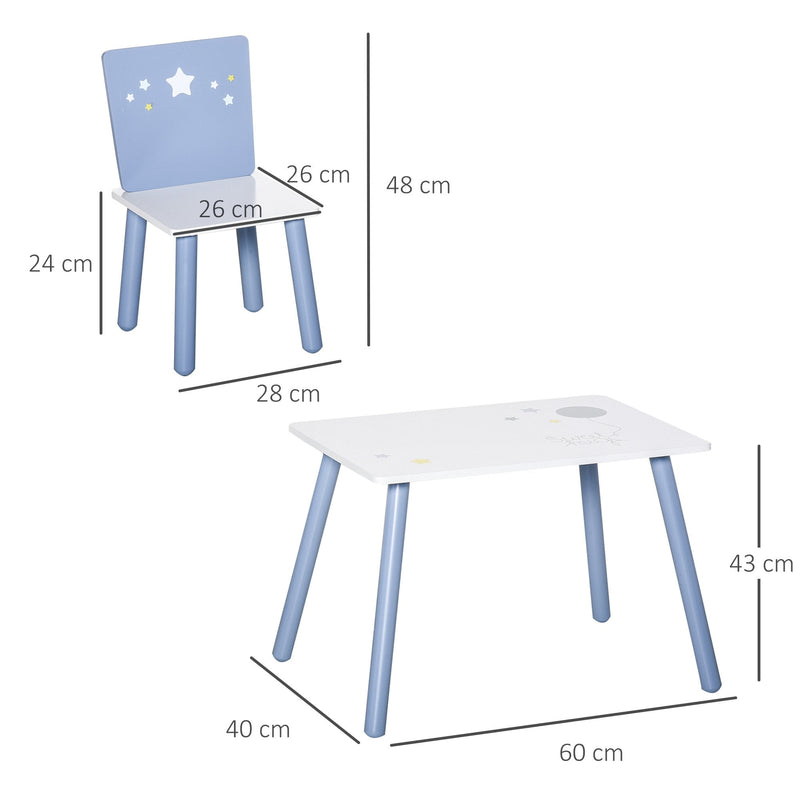 Kids Table and Chairs Set 3 Pieces 1 Table 2 Chairs Toddler Wooden Multi-usage Easy Assembly Star Image Ornament Blue and White Pcs