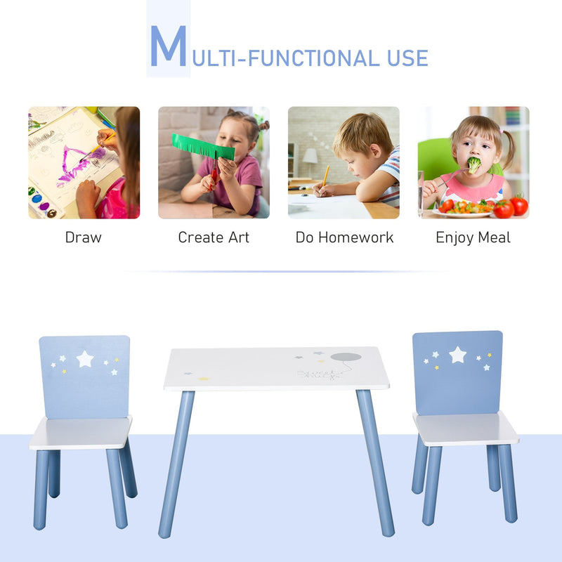 Kids Table & Chairs Set - 3 Pieces 1 Table 2 Chairs Toddler Wooden Multi-usage Easy Assembly Star Image Ornament Blue and White Pcs
