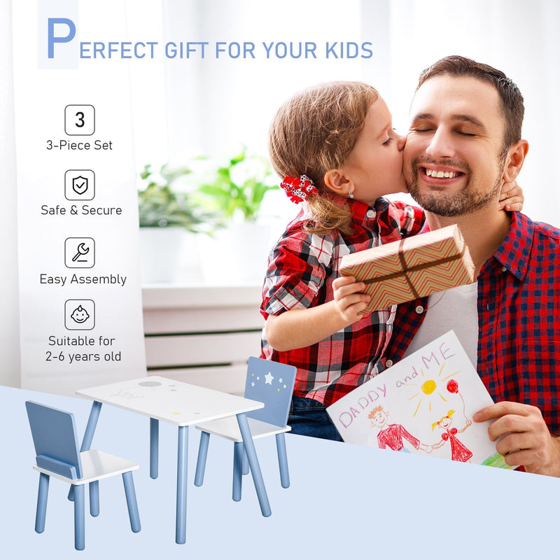 Kids Table & Chairs Set - 3 Pieces 1 Table 2 Chairs Toddler Wooden Multi-usage Easy Assembly Star Image Ornament Blue and White Pcs
