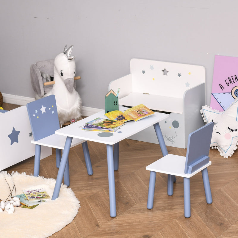 Kids Table and Chairs Set 3 Pieces 1 Table 2 Chairs Toddler Wooden Multi-usage Easy Assembly Star Image Ornament Blue and White Pcs