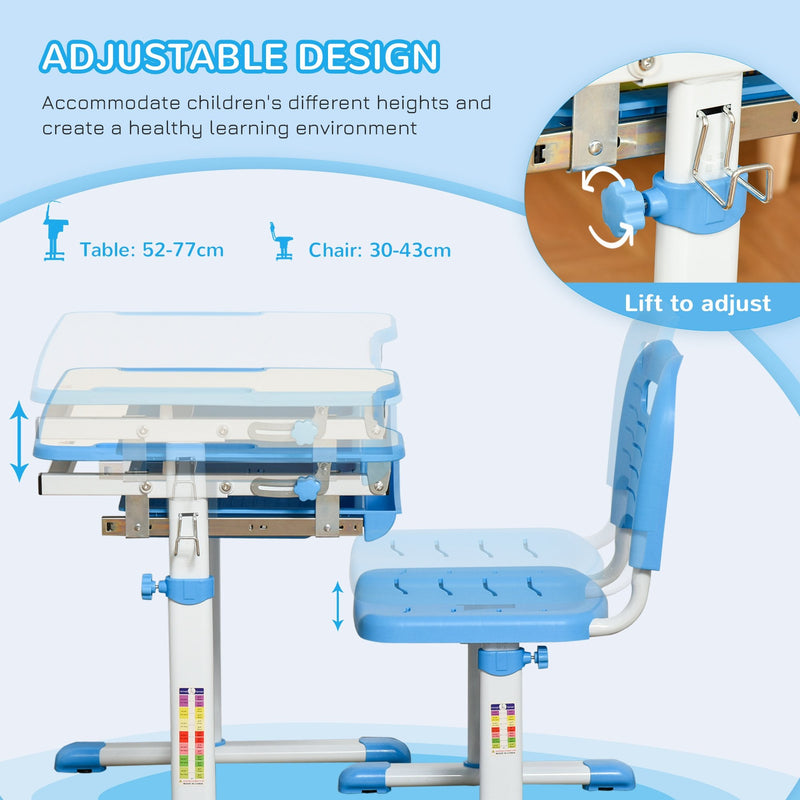 Kids Desk and Chair Set Height Adjustable Student Writing Desk Children School Study Table with Tiltable Desktop, Drawer, Pen Slot, Hook Blue Drawer Slot