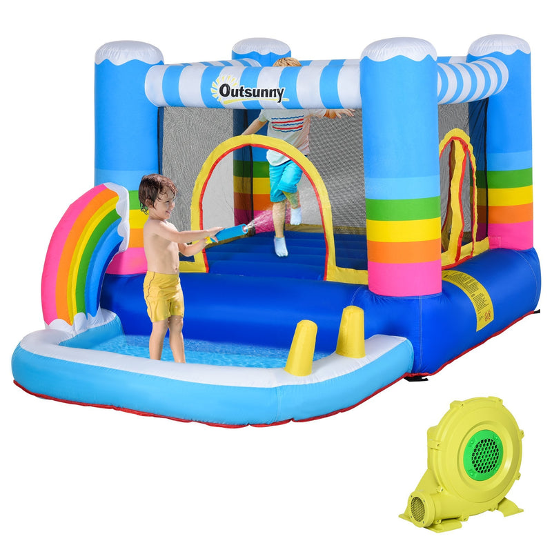 Outsunny Kids Bouncy Castle House Inflatable Trampoline Water Pool 2 in 1 with Blower for Kids Age 3-12 Rainbow Design