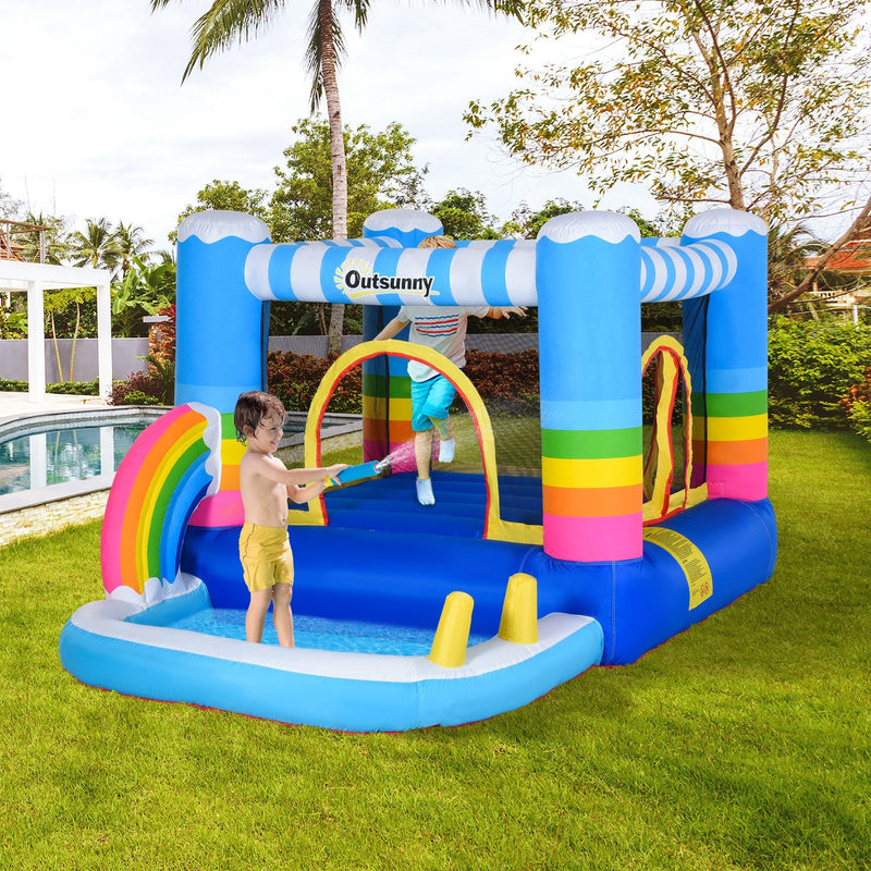 Outsunny Kids Bouncy Castle House Inflatable Trampoline Water Pool 2 in 1 with Blower for Kids Age 3-12 Rainbow Design