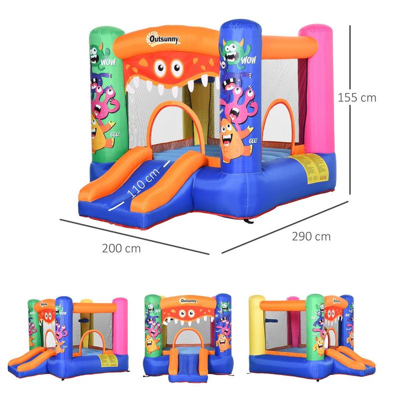 Outsunny Kids Bounce Castle House Inflatable Trampoline Slide Basket with Inflator for Kids Age 3-12 Monster Design w/ Carrybag