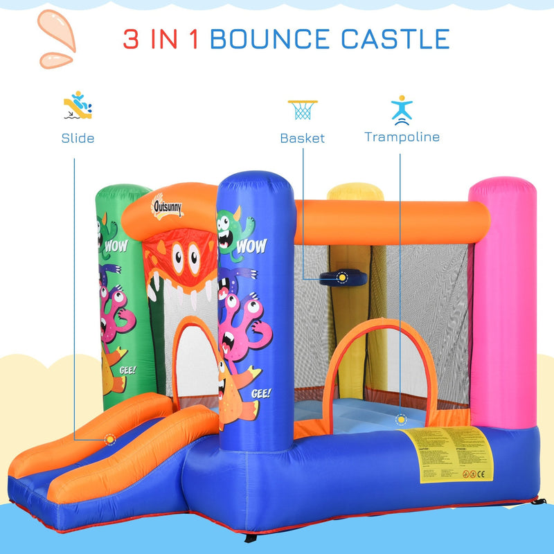 Outsunny Kids Bounce Castle House Inflatable Trampoline Slide Basket with Inflator for Kids Age 3-12 Monster Design w/ Carrybag