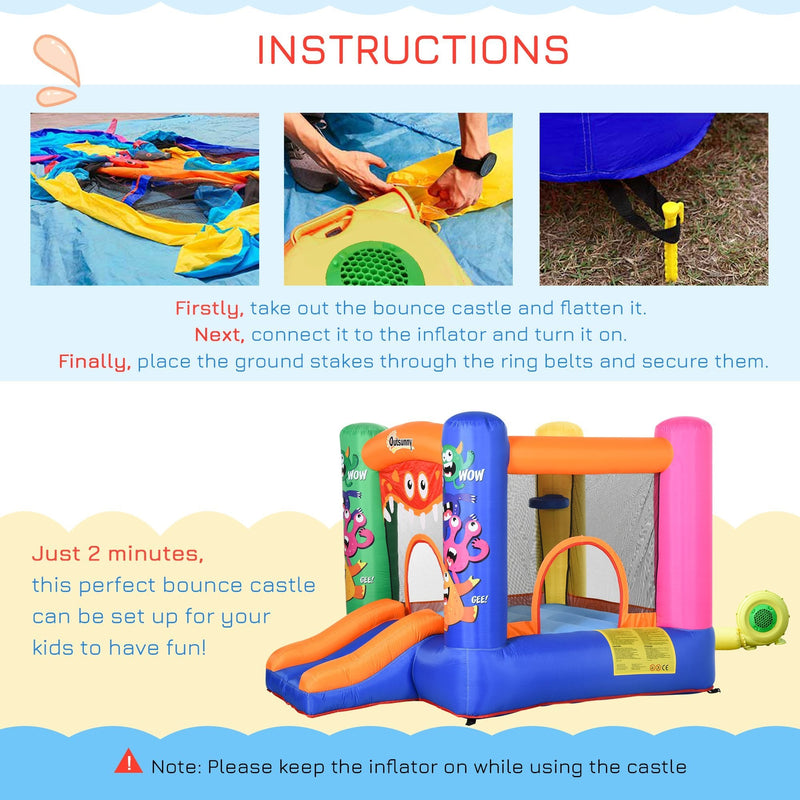 Outsunny Kids Bounce Castle House Inflatable Trampoline Slide Basket with Inflator for Kids Age 3-12 Monster Design w/ Carrybag