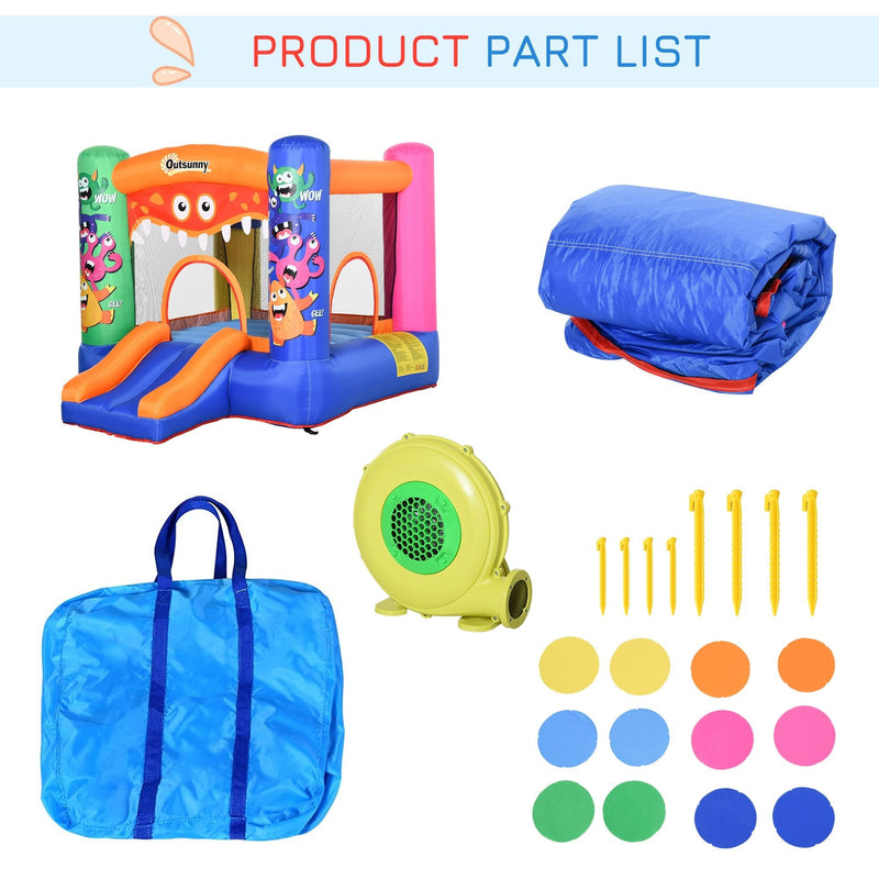 Outsunny Kids Bounce Castle House Inflatable Trampoline Slide Basket with Inflator for Kids Age 3-12 Monster Design w/ Carrybag