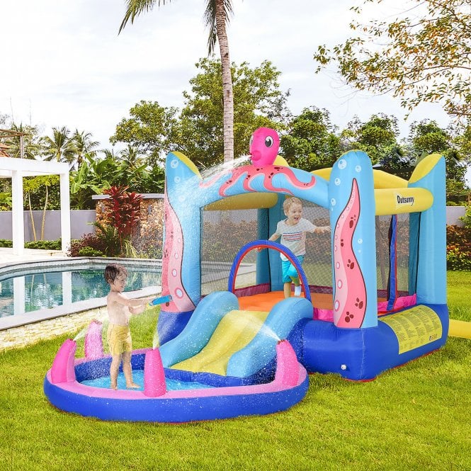 Outsunny Kids Bounce Castle House Inflatable Trampoline Slide Water Pool 3 in 1 with Inflator for Kids Age 3-12 Octopus Design w/ Carrybag