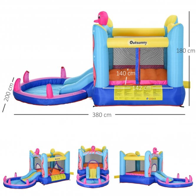 Outsunny Kids Bounce Castle House Inflatable Trampoline Slide Water Pool 3 in 1 with Inflator for Kids Age 3-12 Octopus Design w/ Carrybag