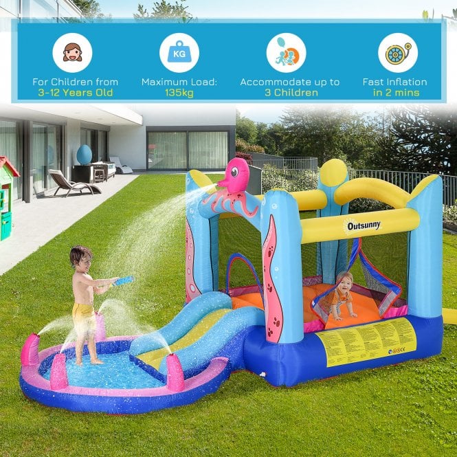 Outsunny Kids Bounce Castle House Inflatable Trampoline Slide Water Pool 3 in 1 with Inflator for Kids Age 3-12 Octopus Design w/ Carrybag