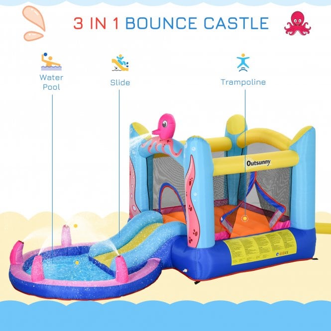 Outsunny Kids Bounce Castle House Inflatable Trampoline Slide Water Pool 3 in 1 with Inflator for Kids Age 3-12 Octopus Design w/ Carrybag