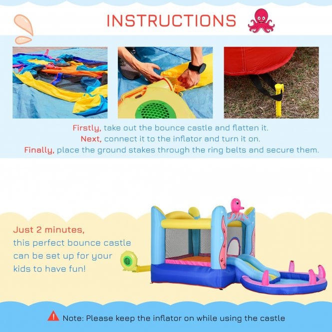 Outsunny Kids Bounce Castle House Inflatable Trampoline Slide Water Pool 3 in 1 with Inflator for Kids Age 3-12 Octopus Design w/ Carrybag