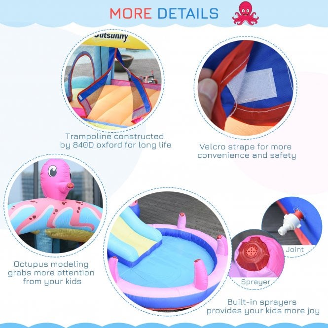 Outsunny Kids Bounce Castle House Inflatable Trampoline Slide Water Pool 3 in 1 with Inflator for Kids Age 3-12 Octopus Design w/ Carrybag