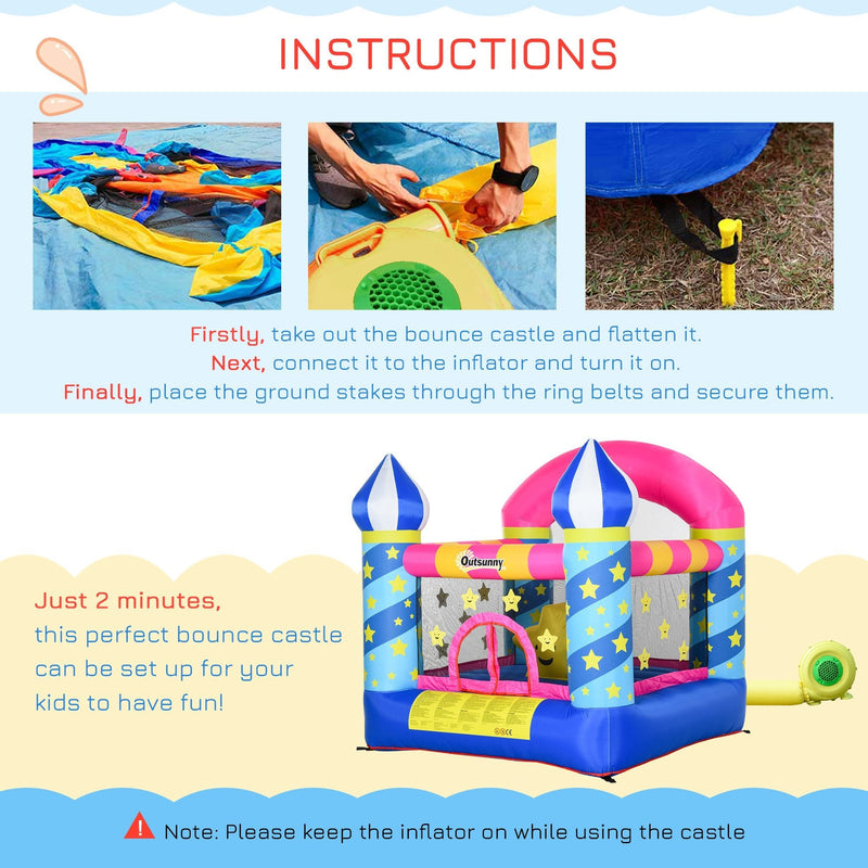 Outsunny Kids Bounce Castle House Inflatable Trampoline Basket with Inflator for Age 3-12 Castle Stars Design