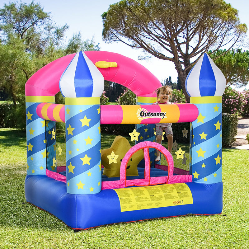 Outsunny Kids Bounce Castle House Inflatable Trampoline Basket with Inflator for Age 3-12 Castle Stars Design