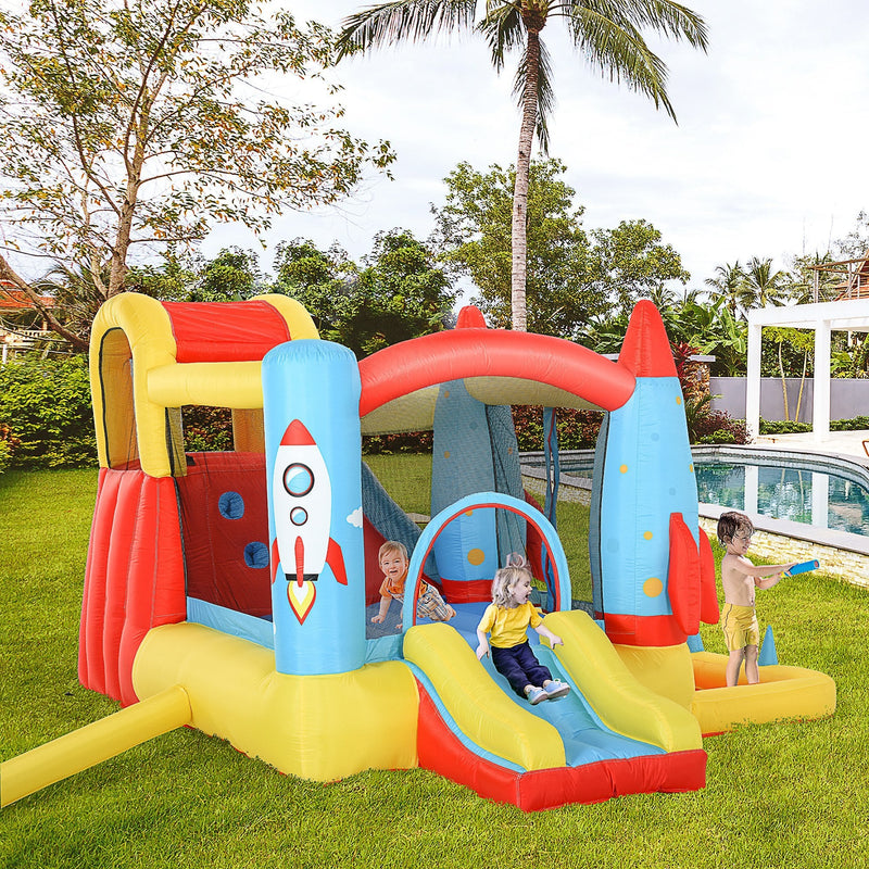 Outsunny Kids Bounce Castle House, 3 in 1 Water Slide and Pool with Inflator, Rocket Design with Carrybag