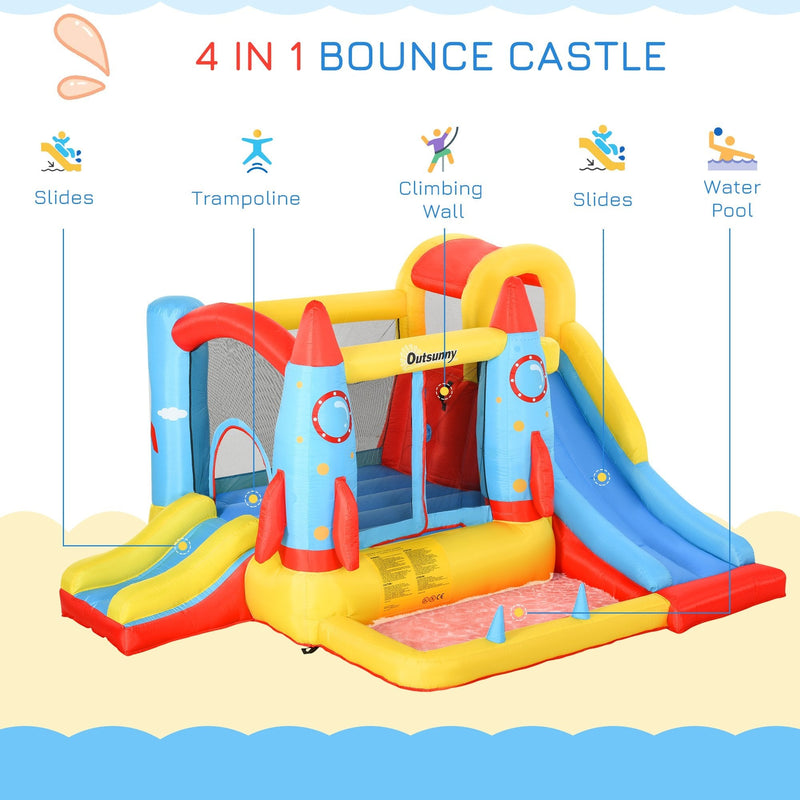 Outsunny Kids Bounce Castle House, 3 in 1 Water Slide and Pool with Inflator, Rocket Design with Carrybag