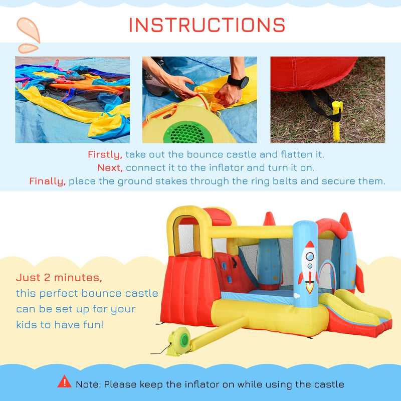 Outsunny Kids Bounce Castle House, 3 in 1 Water Slide and Pool with Inflator, Rocket Design with Carrybag