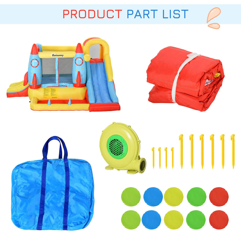 Outsunny Kids Bounce Castle House, 3 in 1 Water Slide and Pool with Inflator, Rocket Design with Carrybag