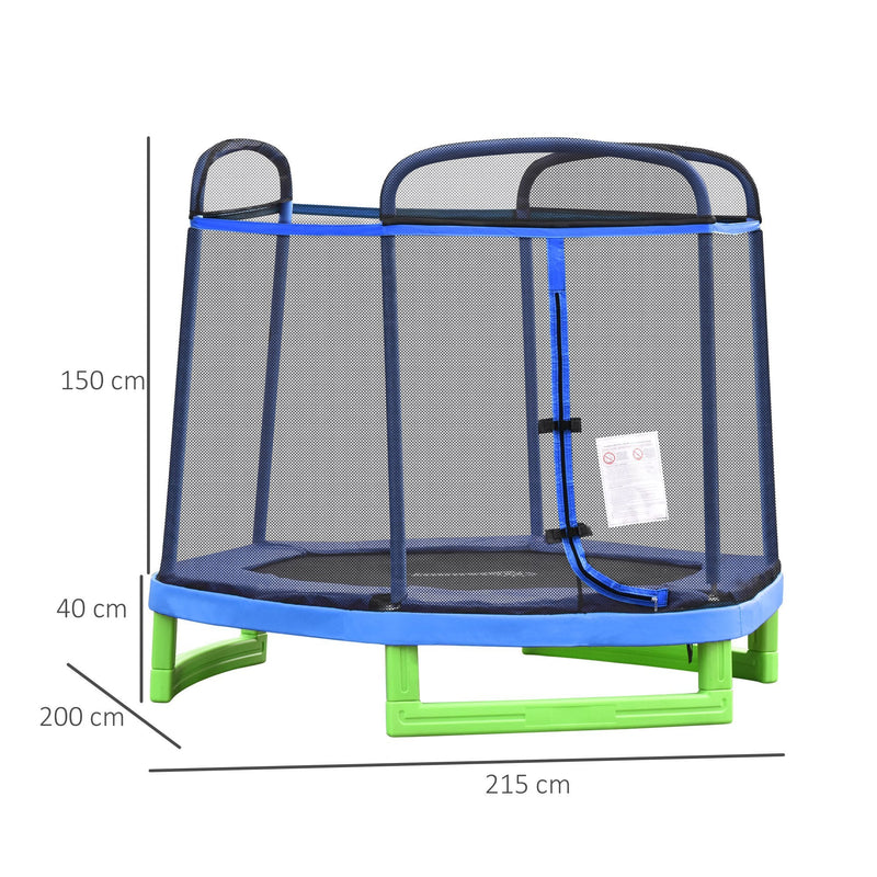 HOMCOM 215 cm Kids Trampoline Indoor Bouncer Jumper w/ Security Enclosure Net Spring Gym Play Children for 3-12 Years Old Blue