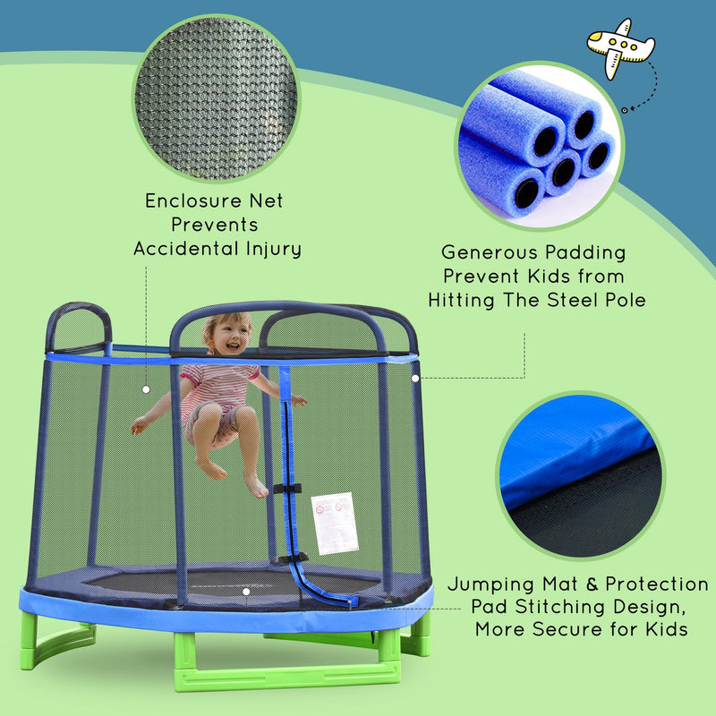 HOMCOM 215 cm Kids Trampoline Indoor Bouncer Jumper w/ Security Enclosure Net Spring Gym Play Children for 3-12 Years Old Blue