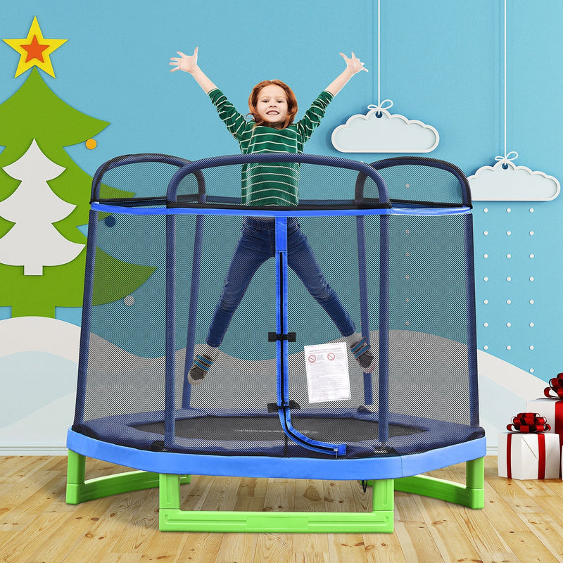 HOMCOM 215 cm Kids Trampoline Indoor Bouncer Jumper w/ Security Enclosure Net Spring Gym Play Children for 3-12 Years Old Blue