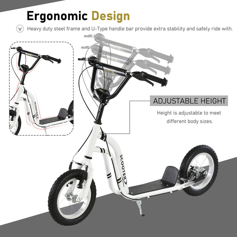 HOMCOM Youth Scooter Front and Rear Caliper Dual Brakes 12-Inch Inflatable Front Wheel Ride On Toy For Age 5+ Kick