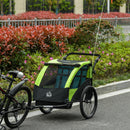 2 In 1 Trailer for Kids Child Bike Trailer Foldable Baby Stroller 2-Seater Transport Carrier with Adjustable Handlebar Storage Bag Reflector Flag Green 2-Seat w/