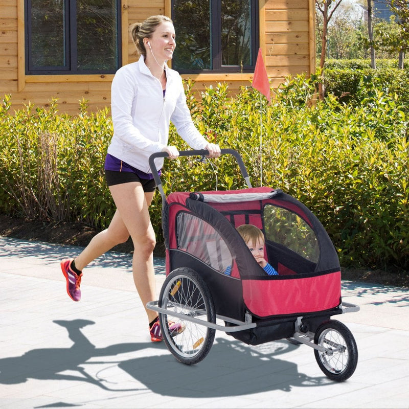 HOMCOM Collapsible Bike Trailer 2-Seater Child Stroller Baby Jogger with Pivot Wheel-Red