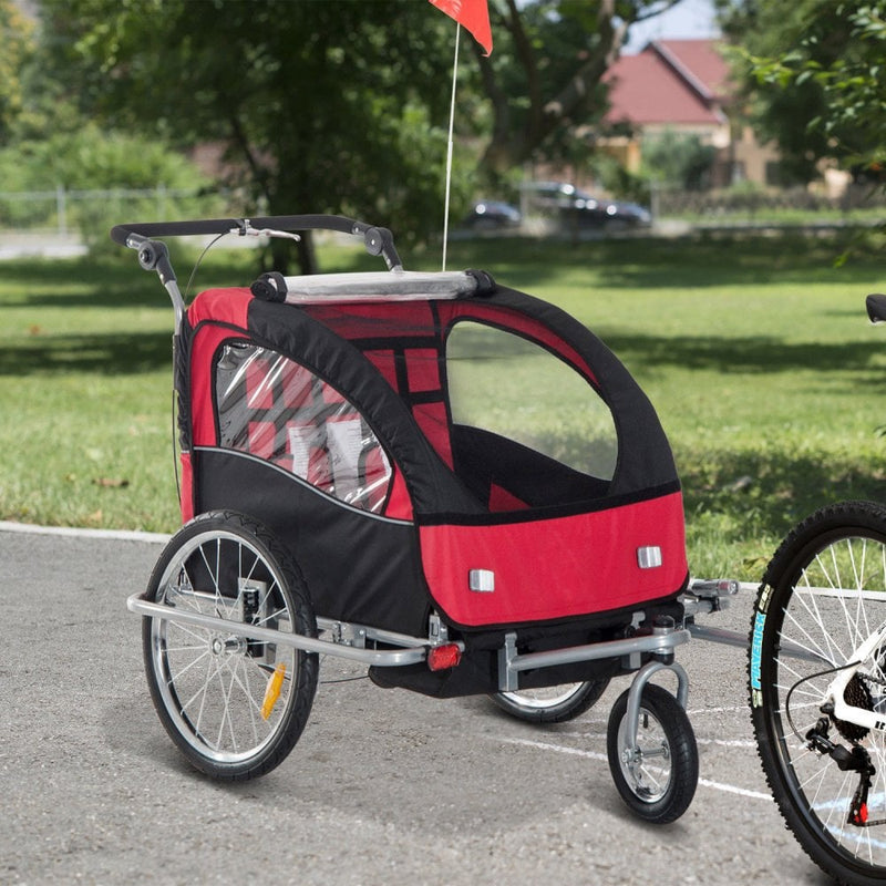 Child Cycle Trailer 2 Seater Black and Red 2 in 1 Multifunctional Bicycle Carrier Baby Stroller Jogger Kit Steel Frame