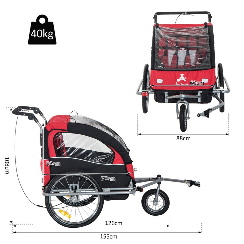 Child Cycle Trailer 2 Seater Black and Red 2 in 1 Multifunctional Bicycle Carrier Baby Stroller Jogger Kit Steel Frame