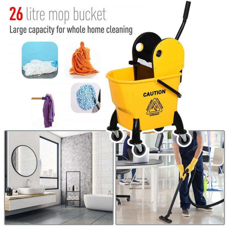 HOMCOM Commercial Plastic Mop Bucket & Water Wringer - Yellow 26L