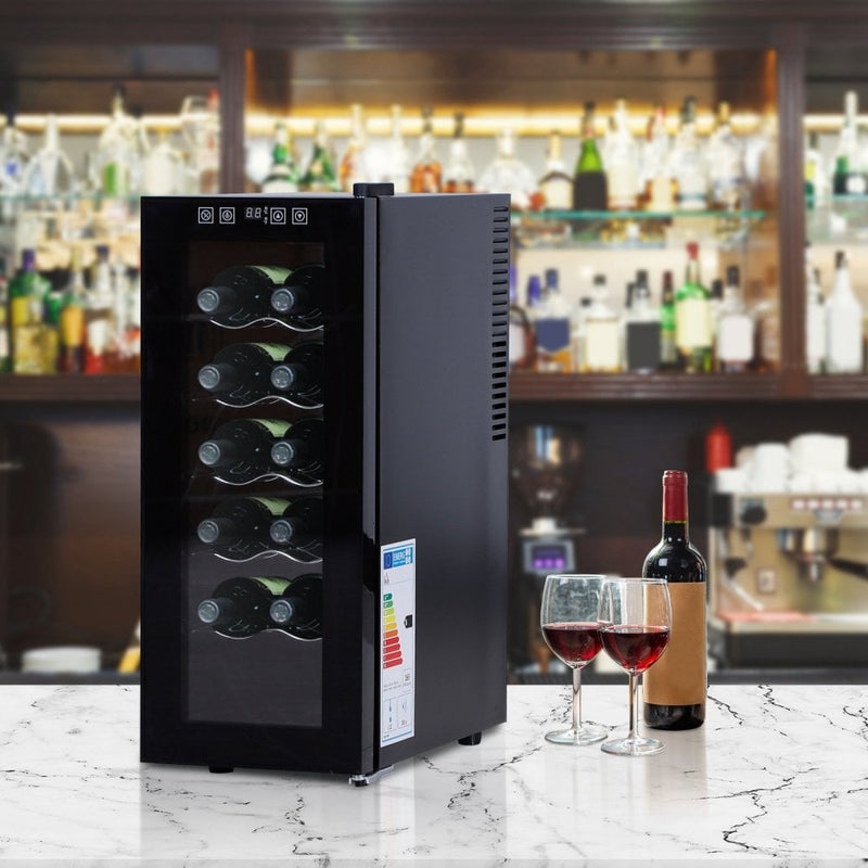 HOMCOM 12 Bottle Wine Cooler Mini Bar Refrigerator 11-18°C Adjustable Temperature Touch Control Led Lights Sleek Stylish Suitable for Home Bar Party Black