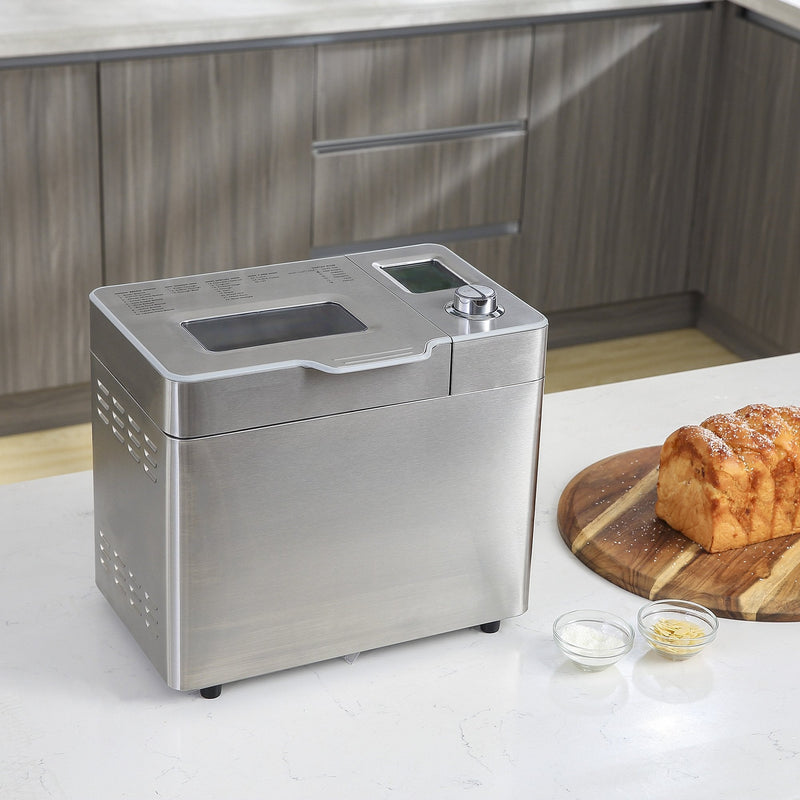 HOMCOM Bread Maker 25 in 1 9 KG Capacity Programmable Stainless Steel Dough Maker with Auto Fruit Nut Dispenser Nonstick Pan 3 Loaf Sizes 3 Crust Colours Keep Warm Time Delay, 550W 0.9KG