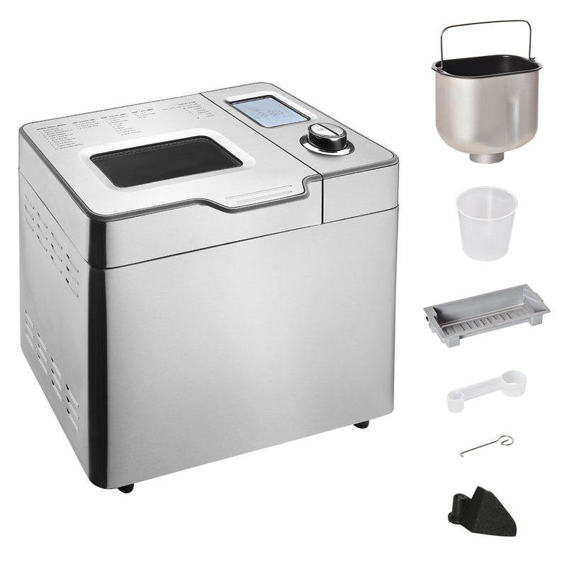 HOMCOM Bread Maker 25 in 1 9 KG Capacity Programmable Stainless Steel Dough Maker with Auto Fruit Nut Dispenser Nonstick Pan 3 Loaf Sizes 3 Crust Colours Keep Warm Time Delay, 550W 0.9KG