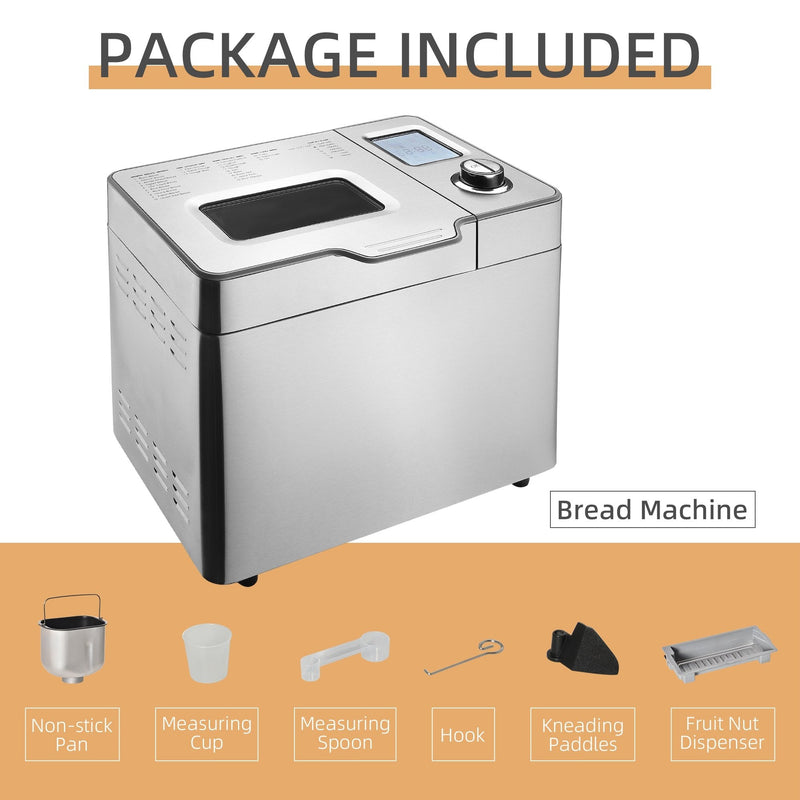 HOMCOM Bread Maker 25 in 1 9 KG Capacity Programmable Stainless Steel Dough Maker with Auto Fruit Nut Dispenser Nonstick Pan 3 Loaf Sizes 3 Crust Colours Keep Warm Time Delay, 550W 0.9KG