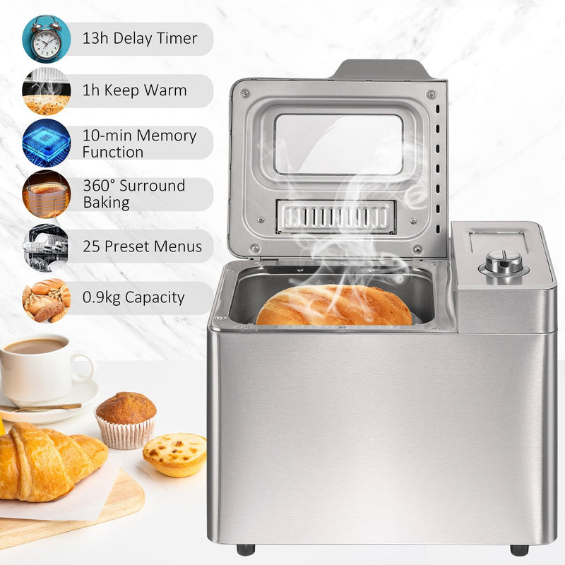 HOMCOM Bread Maker 25 in 1 9 KG Capacity Programmable Stainless Steel Dough Maker with Auto Fruit Nut Dispenser Nonstick Pan 3 Loaf Sizes 3 Crust Colours Keep Warm Time Delay, 550W 0.9KG