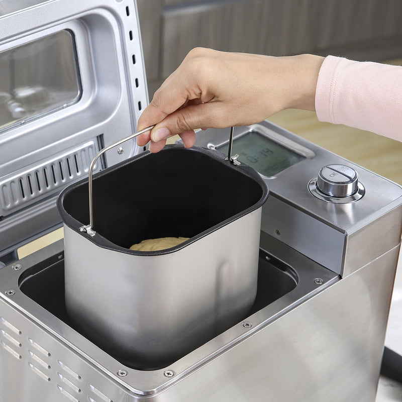 HOMCOM Bread Maker 25 in 1 9 KG Capacity Programmable Stainless Steel Dough Maker with Auto Fruit Nut Dispenser Nonstick Pan 3 Loaf Sizes 3 Crust Colours Keep Warm Time Delay, 550W 0.9KG