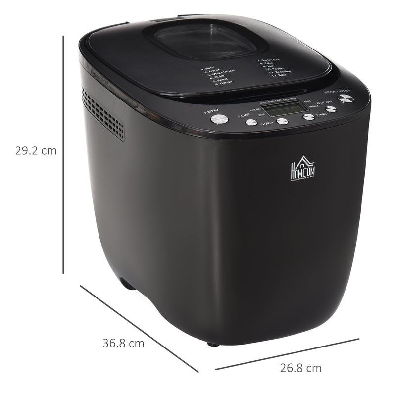 HOMCOM Break Maker Digital 550W 12-in-1 Programmed Bread Machine with 13-Hour Delay Timer 60 Minutes Keep Warm Function Non-stick Pan 3 Crust Colors 2 Loaf Size Black Timing and Warming