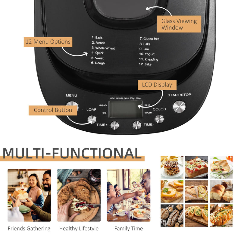 HOMCOM Break Maker Digital 550W 12-in-1 Programmed Bread Machine with 13-Hour Delay Timer 60 Minutes Keep Warm Function Non-stick Pan 3 Crust Colors 2 Loaf Size Black Timing and Warming