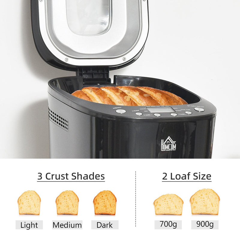HOMCOM Break Maker Digital 550W 12-in-1 Programmed Bread Machine with 13-Hour Delay Timer 60 Minutes Keep Warm Function Non-stick Pan 3 Crust Colors 2 Loaf Size Black Timing and Warming