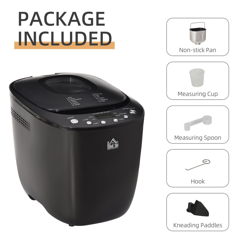 HOMCOM Break Maker Digital 550W 12-in-1 Programmed Bread Machine with 13-Hour Delay Timer 60 Minutes Keep Warm Function Non-stick Pan 3 Crust Colors 2 Loaf Size Black Timing and Warming