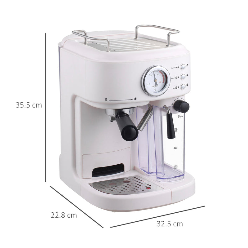 HOMCOM 5Pc Coffee Machine, Espresso & Cappuccino & Latte Maker with Milk Frothing Steamer, 1.5L Removable Water Tank, 2 Cups, 1250W