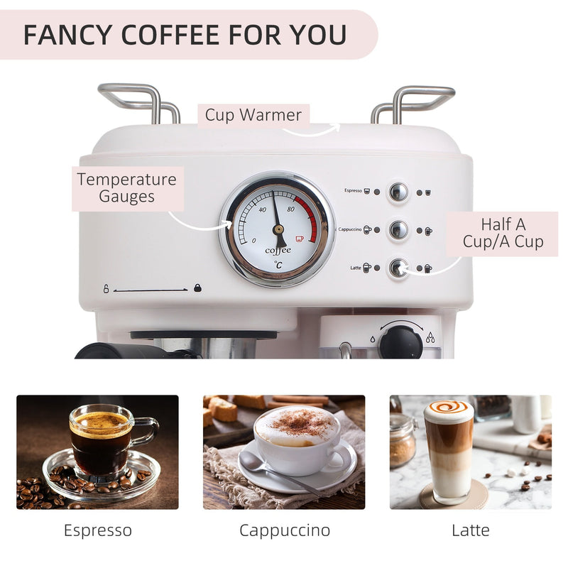 HOMCOM 5Pc Coffee Machine, Espresso & Cappuccino & Latte Maker with Milk Frothing Steamer, 1.5L Removable Water Tank, 2 Cups, 1250W