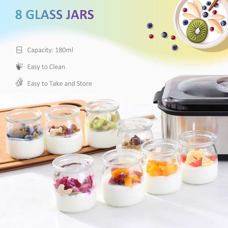 HOMCOM Yoghurt Maker with 7 180ml Glass Jars, Stainless Steel Yogurt Machine with Timer, Adjustable Thermostat and LCD Display for Healthy Homemade Desserts w/ Jars Yougurt Timer Temperature Silver