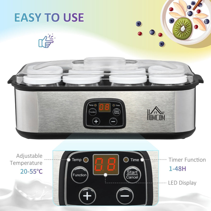 HOMCOM Yoghurt Maker with 7 180ml Glass Jars, Stainless Steel Yogurt Machine with Timer, Adjustable Thermostat and LCD Display for Healthy Homemade Desserts w/ Jars Yougurt Timer Temperature Silver