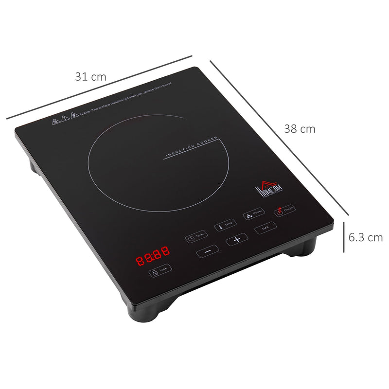 HOMCOM Induction Hob Portable Induction Cooker 2000W Single Hot Plate Electric Cooktop with 8 Power & Temperature Levels 4H Timer Child Lock Sensor Touch LED Display Ceramic Glass Panel