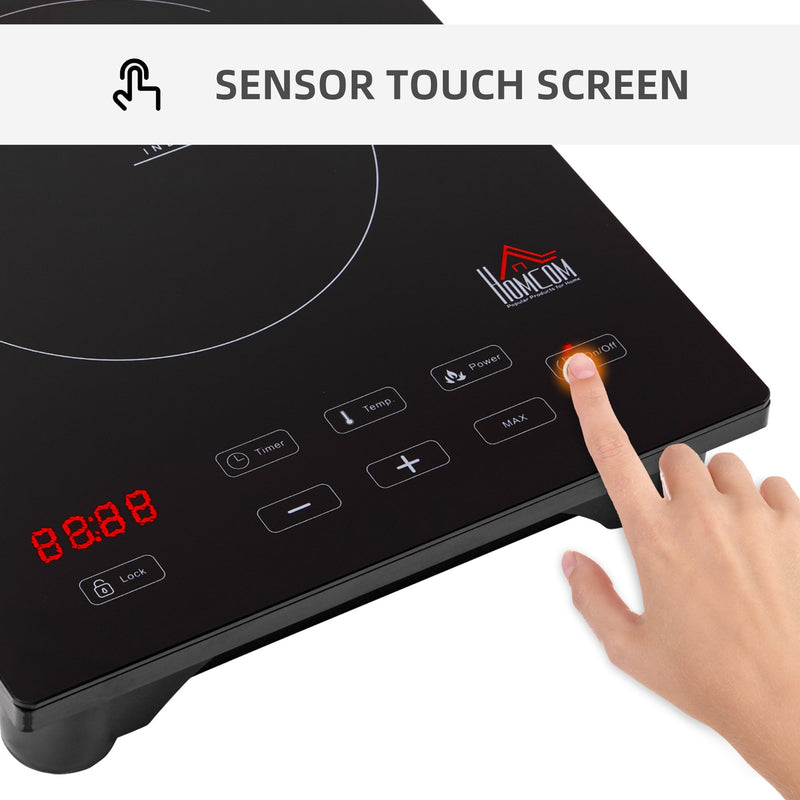 HOMCOM Induction Hob Portable Induction Cooker 2000W Single Hot Plate Electric Cooktop with 8 Power & Temperature Levels 4H Timer Child Lock Sensor Touch LED Display Ceramic Glass Panel